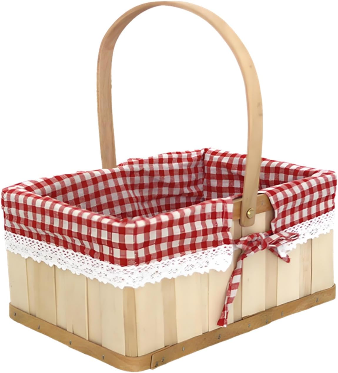 Rectangular Picnic Baskets, 5L Small Wooden Basket with Folding Handles and Removable Gingham Liner Handheld Basket for Storage Decoration and Photography.
