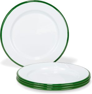 Red Co. Set of 4 Enamelware Metal Classic 8" Round Salad Plate, Solid White/Dark Green Rim
