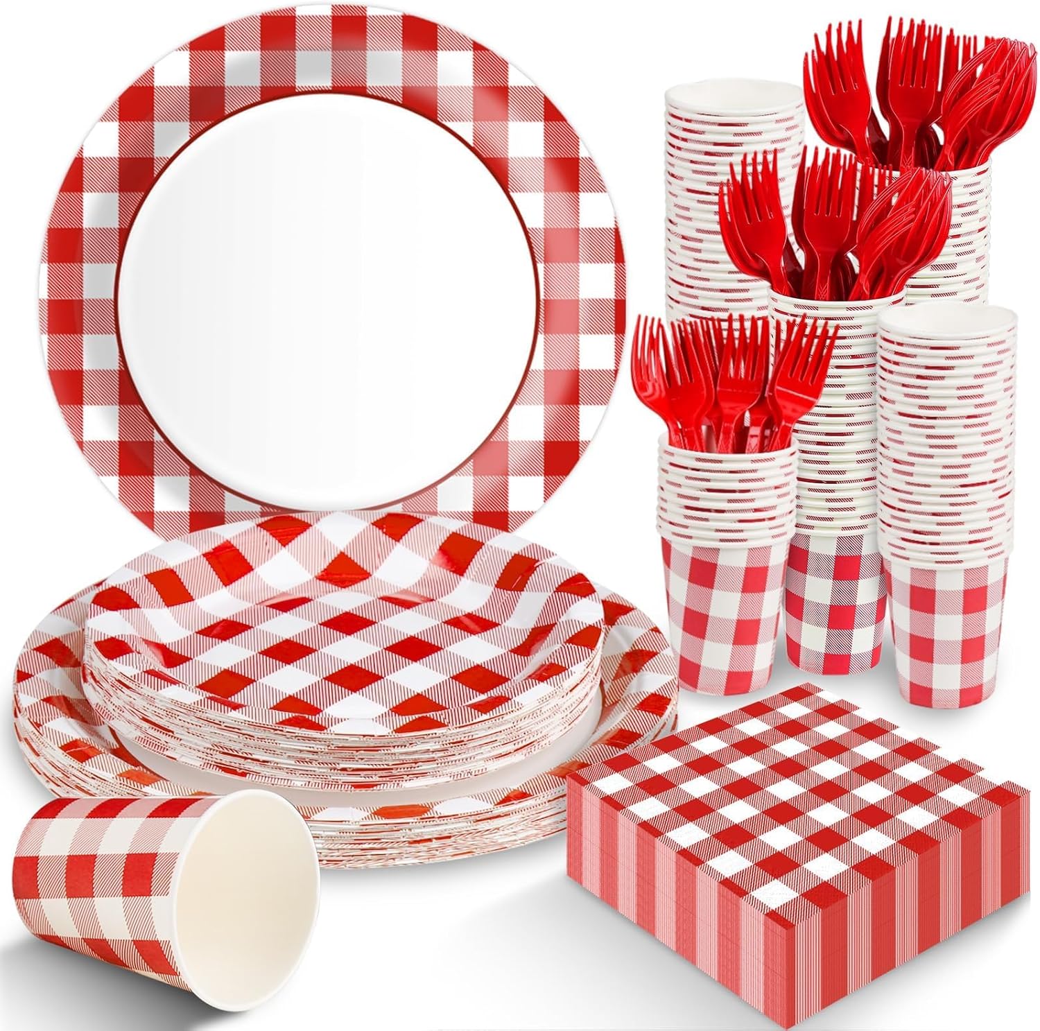 Red Gingham Plates and Napkins Party Supplies, Red and White Disposable Tableware Set, Checkered Plaid Paper Plates for Birthday Family Dinner Picnic Barbecue Baby Shower Decor Serves 25