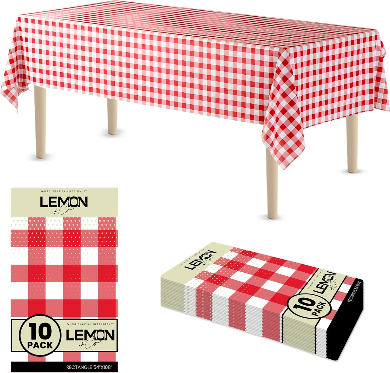 Red Gingham Rectangle Table Cover Disposable Plastic Tablecloth 54 Inch. x 108 Inch. Premium Decorative Rectangle Table Cover 10 Pack