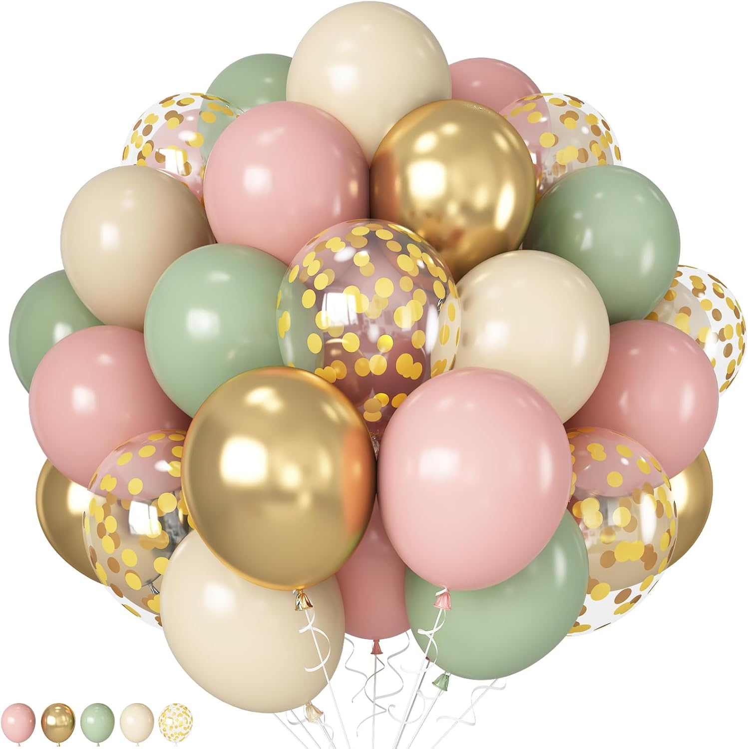 Retro Sage Green Pink Metallic Gold Confetti Balloons - Olive Green Gold Pink Beige Latex Balloons for Jungle Safari, Christmas, Nutcracker, Woodland, Birthday Party Decoration