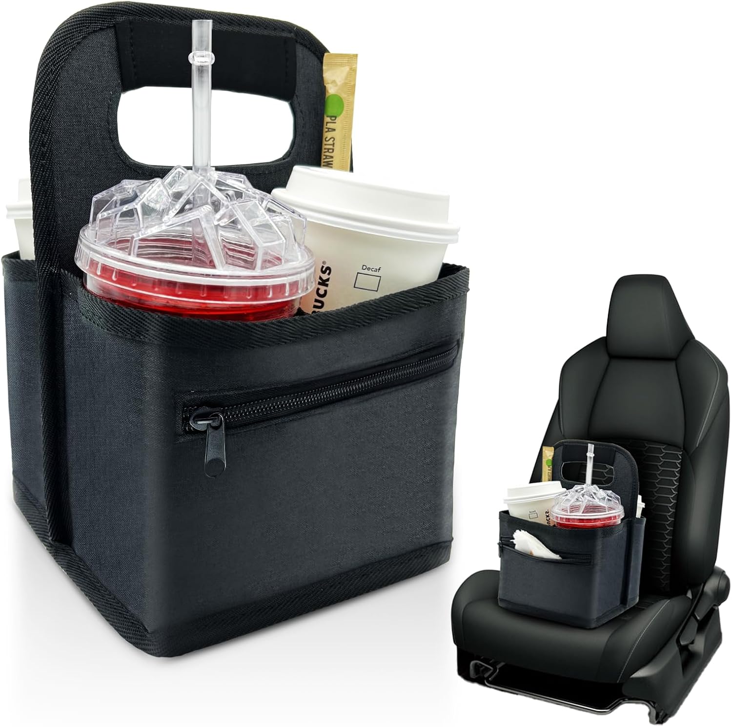 Reusable Coffee Cup & Can Carrier - 4-Cup Capacity, Waterproof Insulated Cup Holder for Hot & Cold Beverages, Perfect for Delivery, Takeout, and Outdoor Activities (Black)