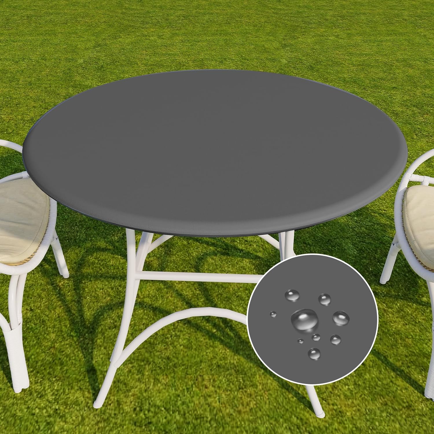 Romanstile Round Vinyl Tablecloth, 100% Waterproof Elastic Fitted Table Covers for 45"- 56" Tables, Wipeable Flannel Backed Plastic Table Cloths for Picnic, Camping, Outdoor - Dark Grey