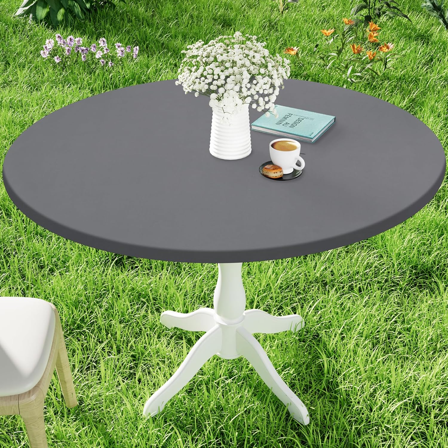 Round Spandex Tablecloth, Elastic Fitted Waterproof Tablecloths for 36"-44" Tables, Stretch Washable Picnic Table Cover for Camping, Dining, Indoor and Outdoor, Grey