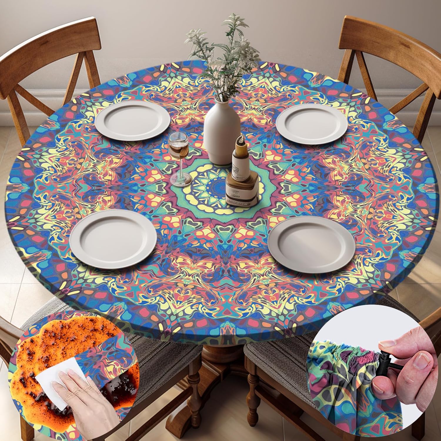Round Tablecloth Waterproof Fitted Boho Vinyl Table Cloth Summer Fall Outdoor Circle Cover for 36-44" Tables Dining Kitchen Apartment Essentials Picnic Camping Party Decor Housewarming Gifts