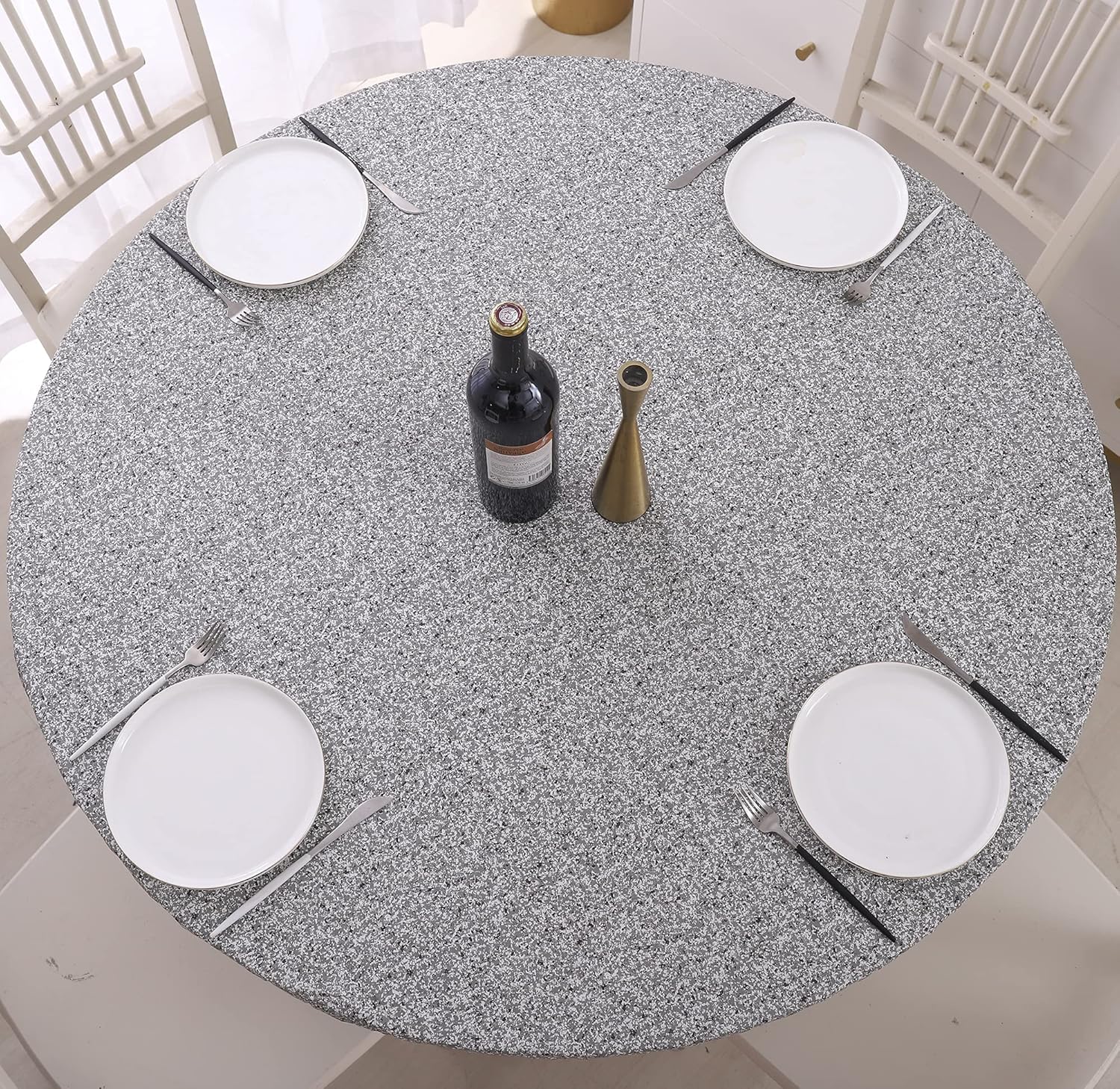 Round Vinyl Fitted Tablecloth with Flannel Backing Elastic Edge Design Table Cover Waterproof Oil-Proof PVC Table Cloth Stain-Resistant Wipeable for Round Table