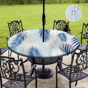 Round outdoor tablecloth with umbrella hole,Picnic Fitted Elastic Tablecloth with Zipper, Waterproof Patio Table Covers,Camping Zippered Tablecloth for Picnic, Camping, Dinner,Fit 36"-44"(Blue Grey)