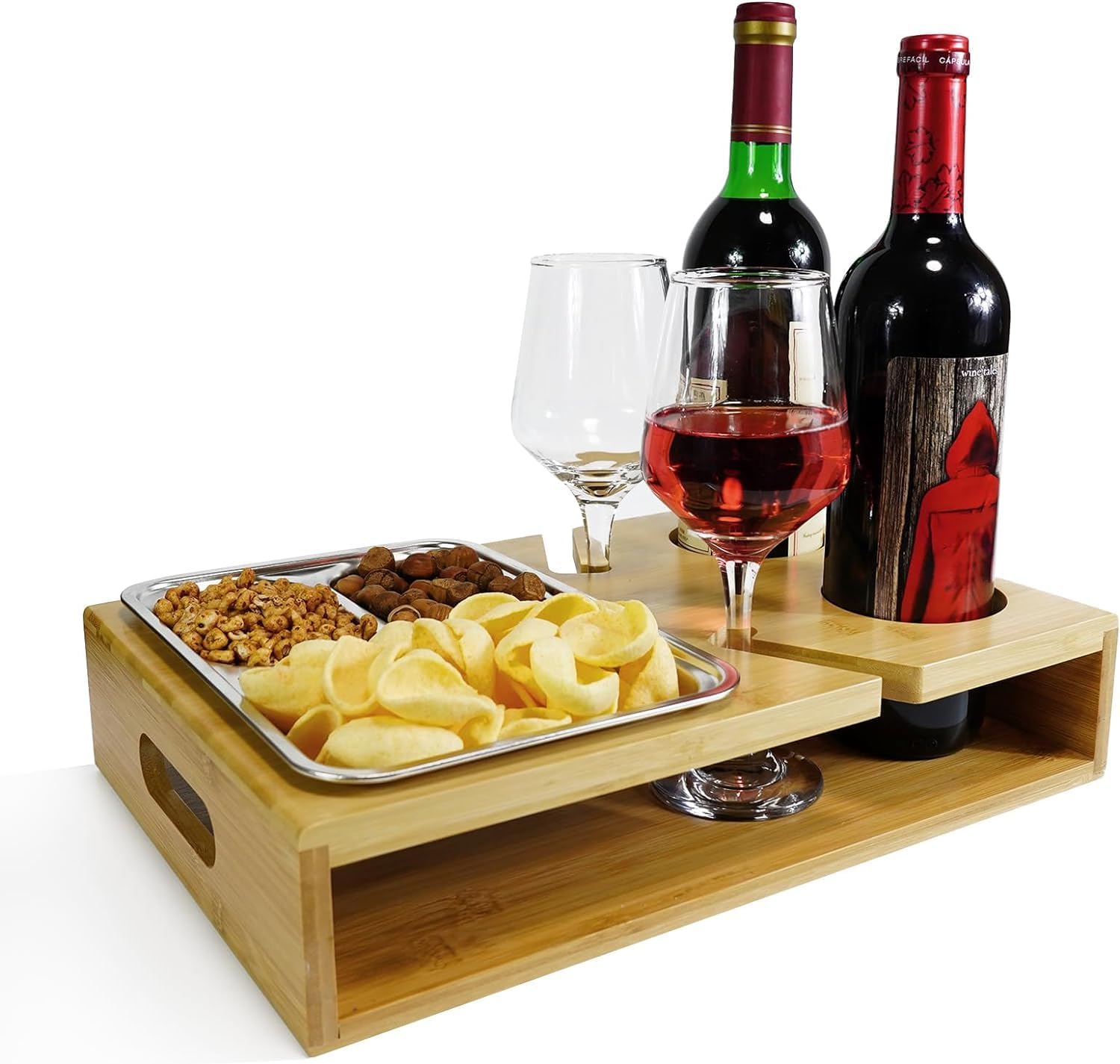 Rustic Bamboo Couch Snack Caddy,TV Tray with 2 Red Wine Glass Holder,Couch Caddy with Cup Holder Tray,Bed Snack Tray for Couch,Bed,Car,Game/Movie/TV Lovers