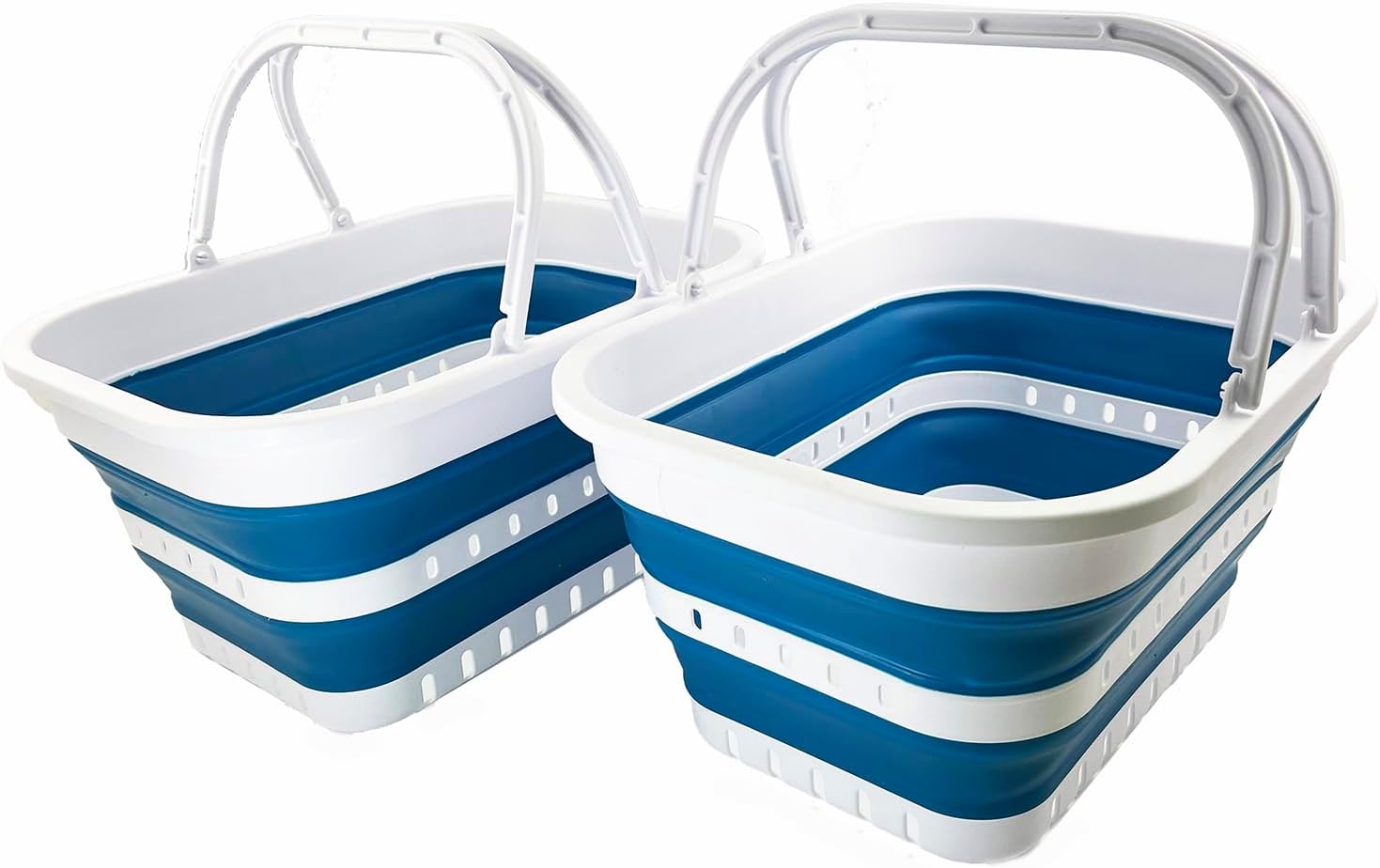 SAMMART Collapsible Tub with Handle 19L (5 Gallons) - Portable Picnic Basket/Crate - Foldable Storage Container for Dishes Washing, Camping and Home (White/Stone Blue, 2)