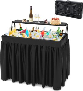 SHAREWIN Double-Layer Ice Cooler Folding Table, Party Chilling Table with Drain and Detachable Black Skirt to Keep Drinks Cool for Weddings, Outdoor, Picnics, Pool Parties