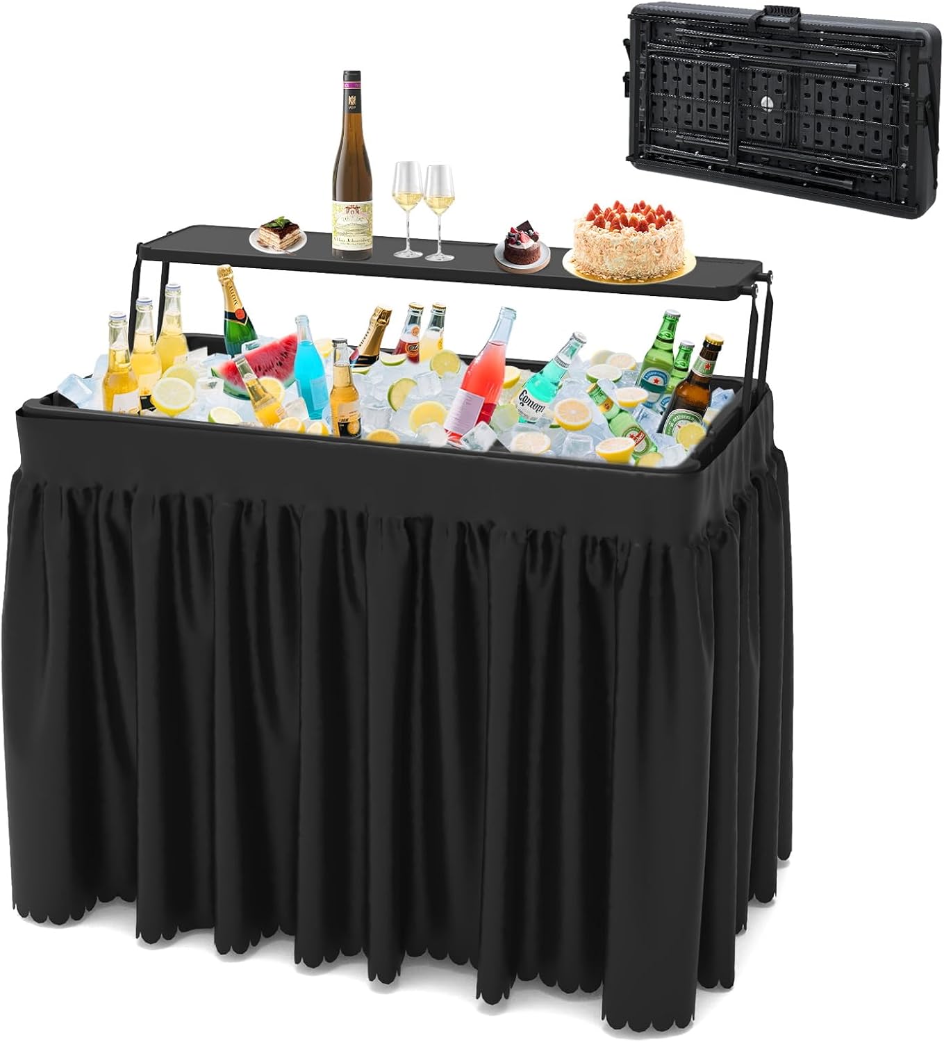 SHAREWIN Double-Layer Ice Cooler Folding Table, Party Chilling Table with Drain and Detachable Black Skirt to Keep Drinks Cool for Weddings, Outdoor, Picnics, Pool Parties