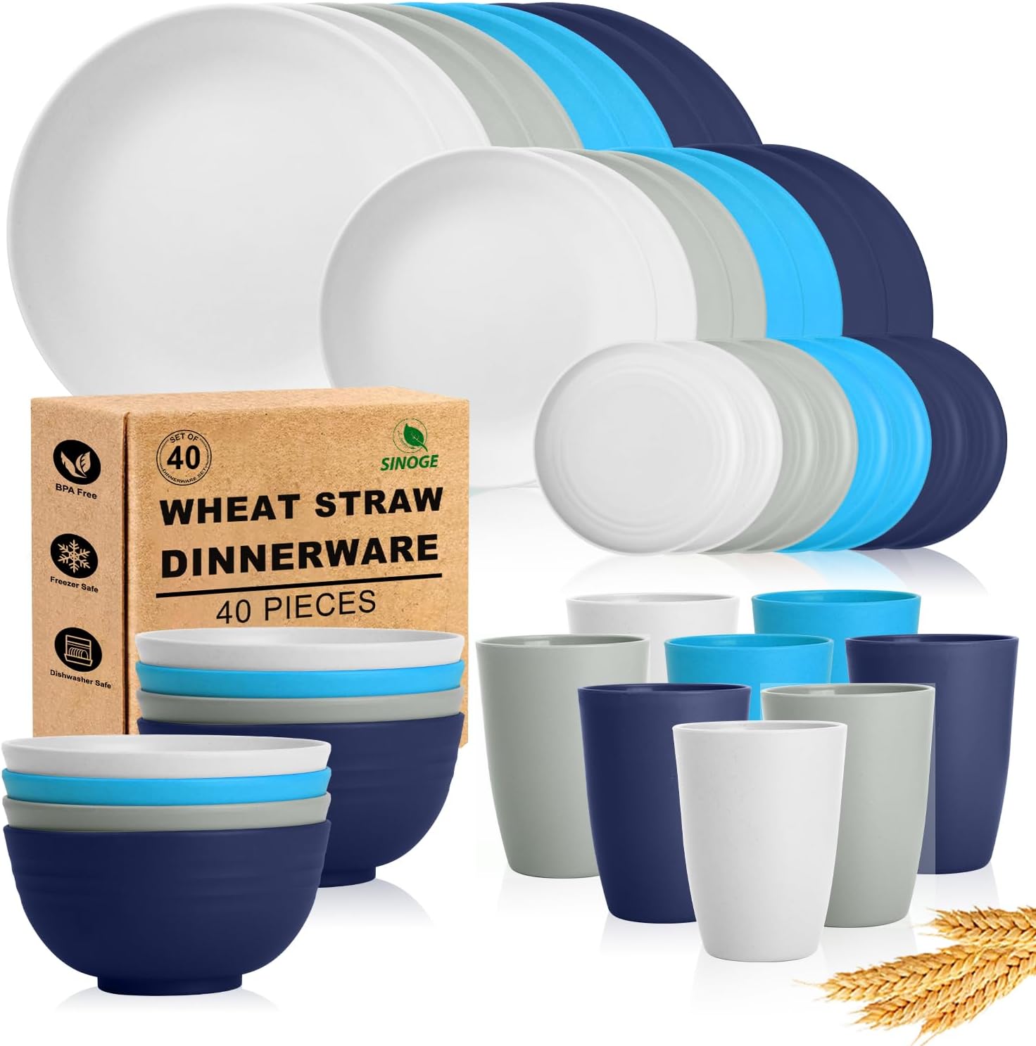 SINOGE 40PCS Plates and Bowls Sets, Unbreakable Wheat Straw Dinnerware Sets for 8,Plastic Reusable Kitchen dishes set,Dishwasher Microwave Safe Plates,RV.Camping Picnic Outdoor Dishes-Coastal Feast