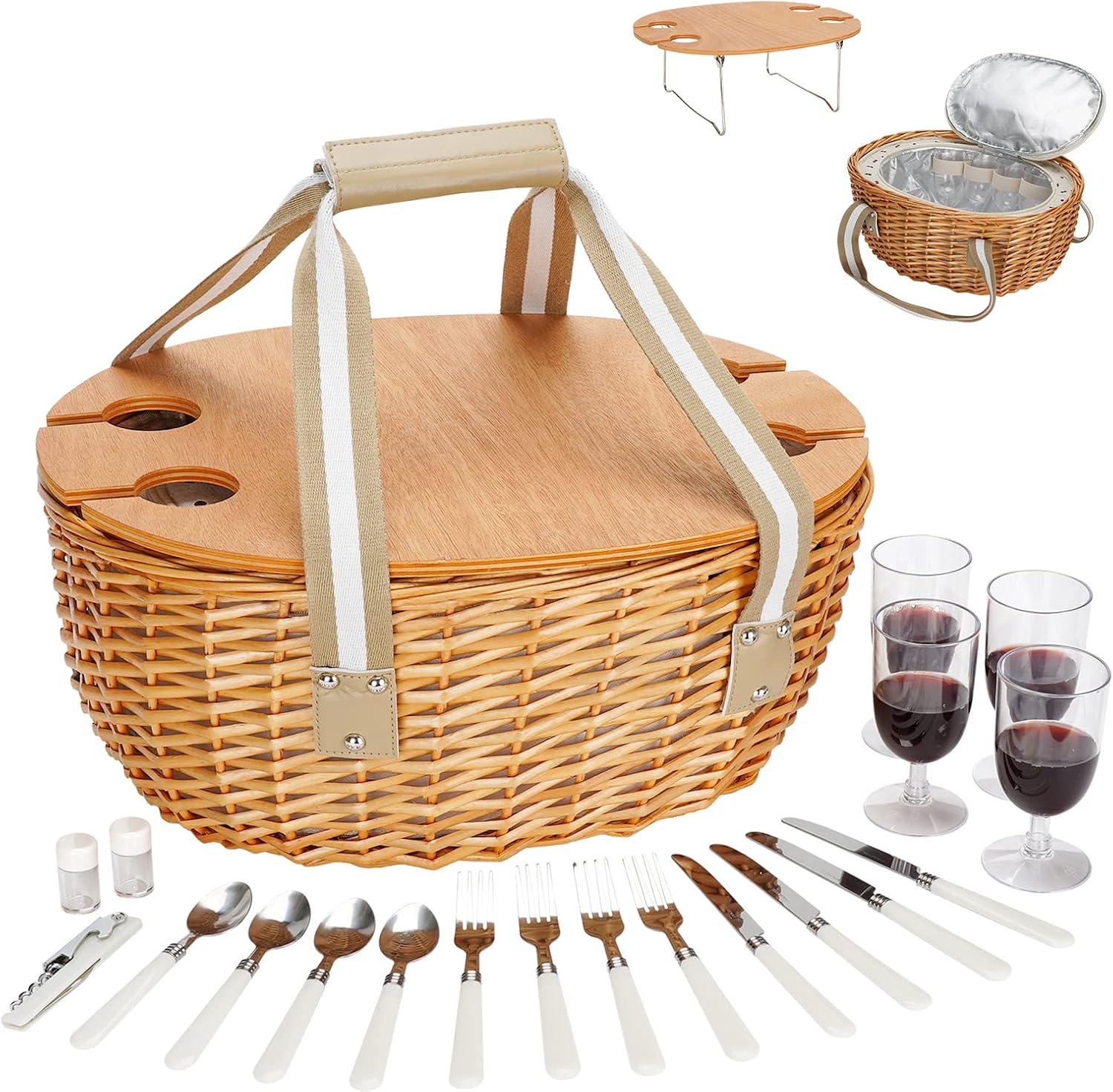 STBoo Picnic Basket for 4, Insulated Wicker Hamper with Folding Table, Willow Picnic Baskets Set with Large Insulated Cooler Bag for Camping Outdoor(Beige)