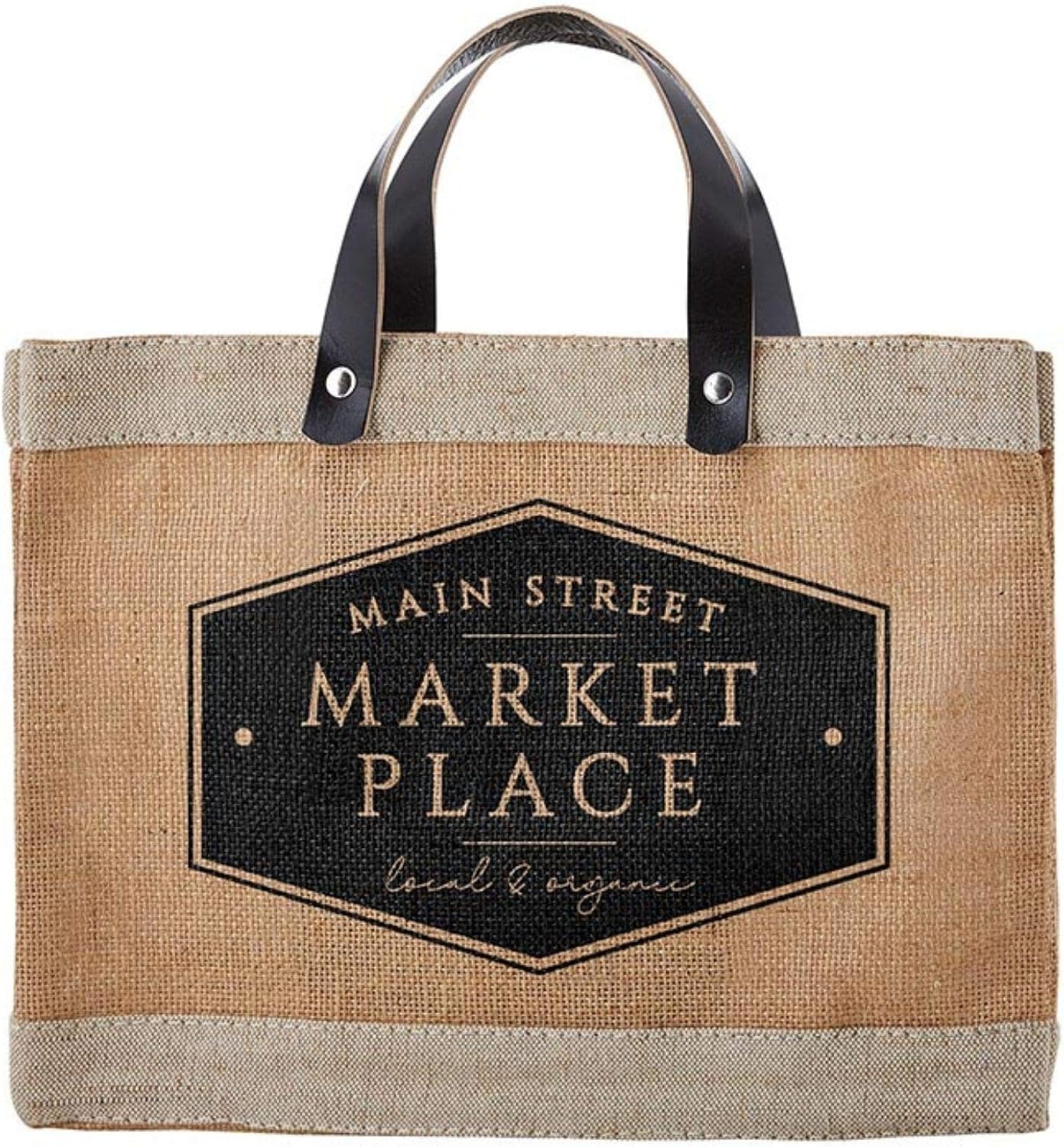 Santa Barbara Design Studio Main Street Farmers Market Tote, Reusable Burlap Grocery Bag with Leather Handle, Purse for Beach or Picnics, Food Lovers Gift Idea, 12.5 x 9.5 Inches