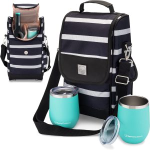 Savvy Outdoors Wine Tote Bag with Stemless Wine Glasses - Bottle Wine Bag with 2 Premium Insulated Wine Cups & Exterior Storage Pouch - Foldable Wine Carrier and Portable Wine Cooler Bags