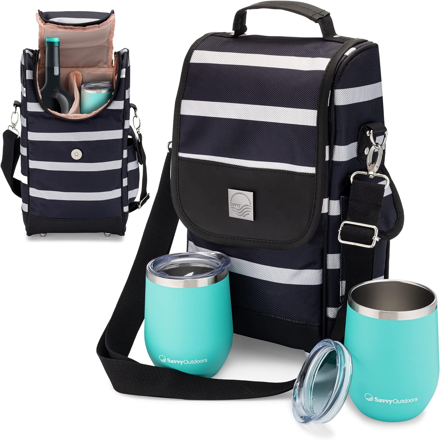 Savvy Outdoors Wine Tote Bag with Stemless Wine Glasses - Bottle Wine Bag with 2 Premium Insulated Wine Cups & Exterior Storage Pouch - Foldable Wine Carrier and Portable Wine Cooler Bags
