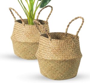 Seagrass Belly Basket, Set of 2 Woven Plant Pot Holder handmade Home Decor for Storage Plants Picnic Grocery Large(12.6 x 11.02 inch)