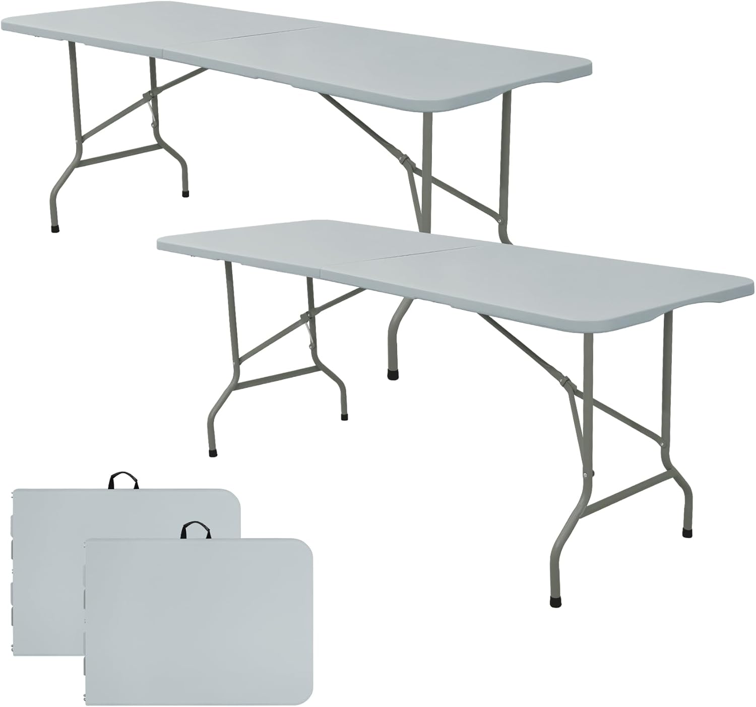 Set of 2 Folding Table 6 FT Camping Table Portable Heavy Duty Plastic Rectangular Outdoor Dining Table Steel Legs Fold-in-Half with Carrying Handle for Indoor,Picnic,Party,Wedding,Events(Grey)