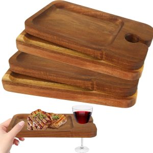 Set of 4 Wine Appetizer Serving Board, Acacia Wooden Cocktail Serving Tray with Wine Glass Holder, Mini Charcuterie Cheese Serving Picnic Plate Boards Sets for Parties Christmas Boards Cocktail Plate