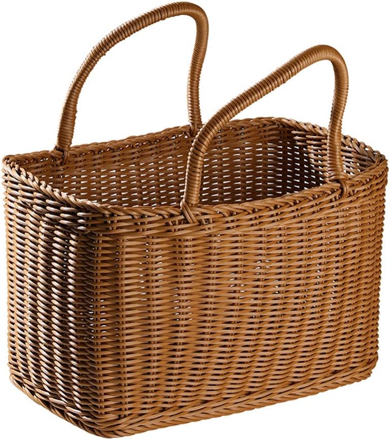 Sewroro Picnic Basket with Handles Handmade Plastic Woven Basket Multifunctional Woven Storage Basket for Shopping, Market, Grocery Basket