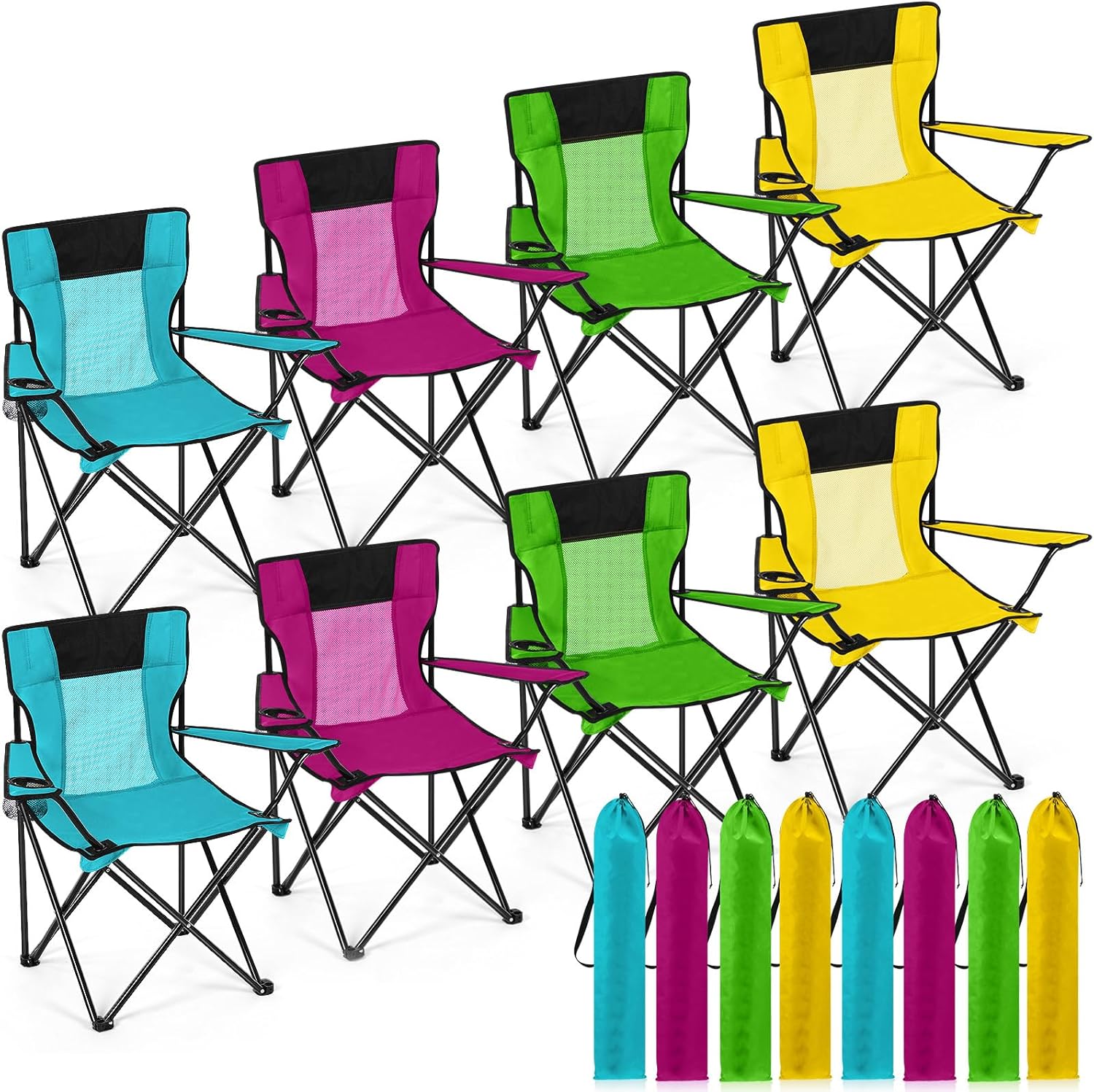 Shellwei Breathable Folding Camping Chair with Cupholder Carry Bag Regular Size Portable Lightweight Lawn Chair with Side Pocket Fishing Hiking Picnic Party Beach Outdoor Activity(Colorful,8 Pcs)