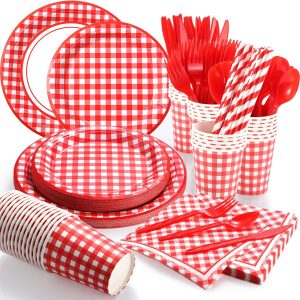 Sieral 200 Pcs Party Supplies for 25 Guests Disposable Tableware Kits with Paper Plates, Cups, Napkins, Cutlery and Straws for New Year Birthday Picnic BBQ Wedding Party Decorations(Red, White)