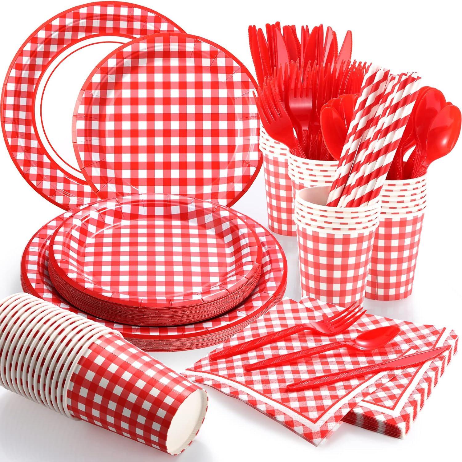 Sieral 200 Pcs Party Supplies for 25 Guests Disposable Tableware Kits with Paper Plates, Cups, Napkins, Cutlery and Straws for New Year Birthday Picnic BBQ Wedding Party Decorations(Red, White)