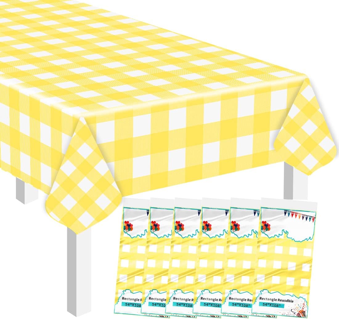 SietDESEO 6 Pack Yellow Table Cloths for Party 54 x 108 Yellow and White Checkered Tablecloth Disposable Waterproof Plastic Table Cover for Party Outdoor Picnic Wedding Yellow Gingham Tablecloth