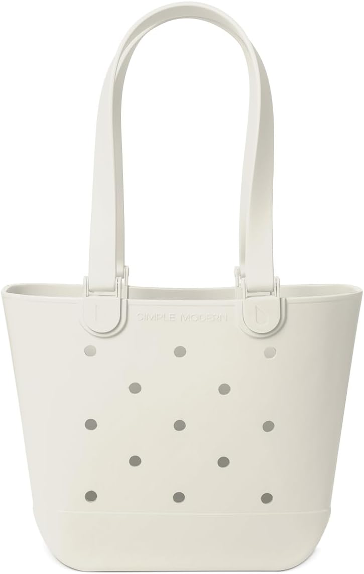 Simple Modern Medium Beach Bag | Waterproof Getaway Rubber Tote with Zipper Pocket for Travel, Pool, Boat, Groceries, Sports | Cream