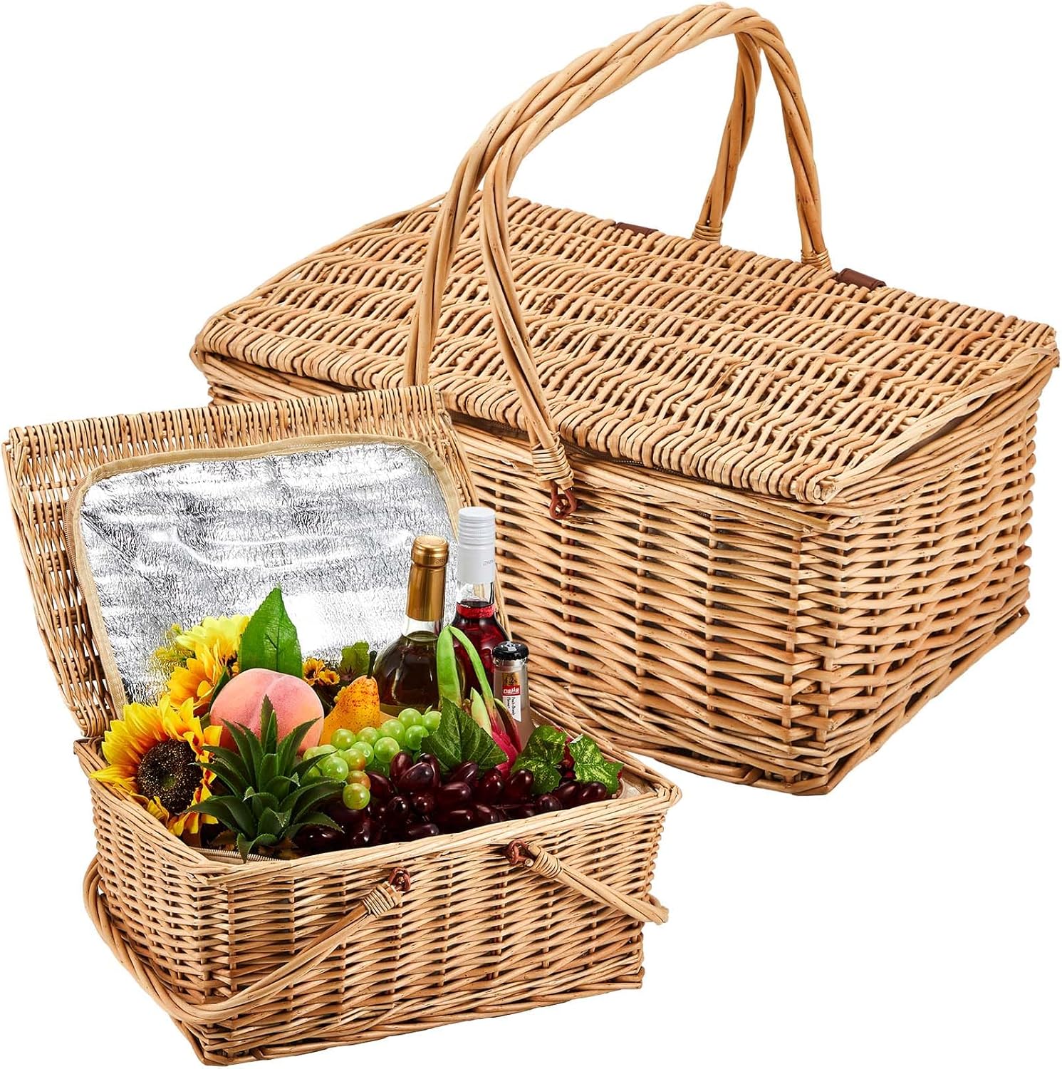 Sintuff 2 Pcs Wicker Picnic Basket with Insulated Cooler Bag Lids Vintage Picnic Hamper with Folding Woven Handle for Camping Summer Outdoor Beach Valentine Party Gift