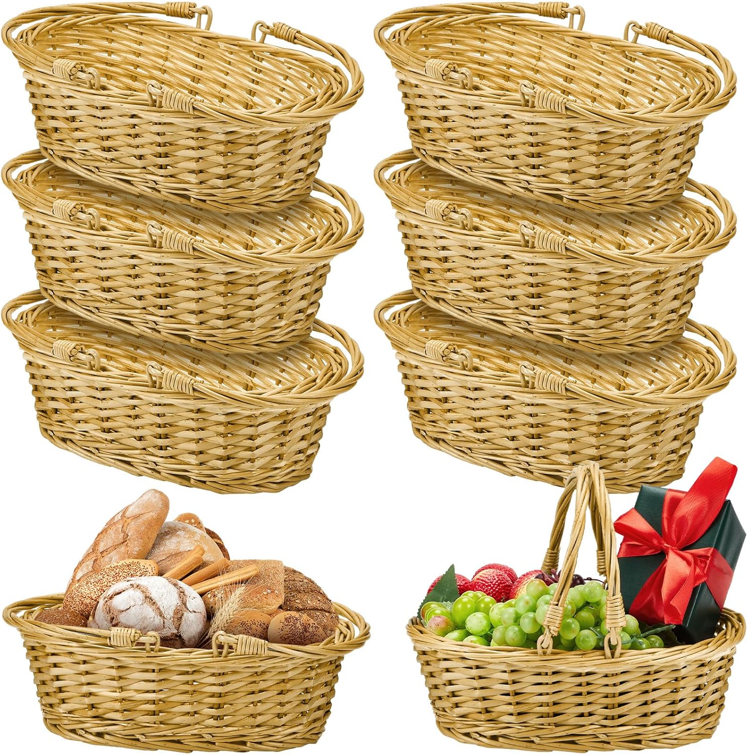 Sintuff 6 Pcs Picnic Basket 12.6 x 8.27 x 3.15 Inches Wicker Basket with Handle Woven Oval Willow Gifts for Fruits Vegetables Bread Harvest Thanksgiving Party Supplies