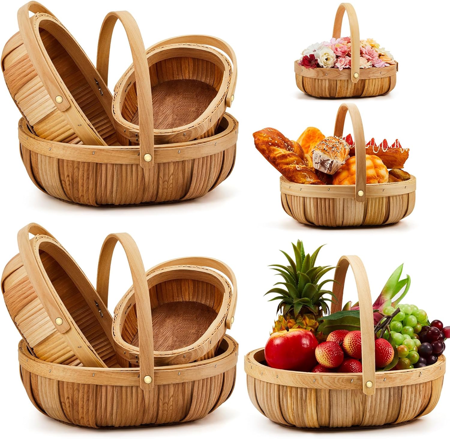 Sintuff 6 Pcs Wicker Fruit Baskets with Handles 3 Sizes Woven Harvest Basket Wooden Apple Basket Picnic Garden Holder for Gathering Vegetables Fruits Gift Packing Wedding Bread Storage(Light Brown)