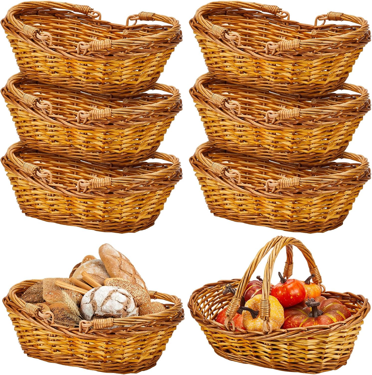 Sintuff 6pcs Wicker Basket with Handle - Oval Harvest Picnic Basket, Flower, Fruit, Egg Storage, Wedding Gifts (Natural)