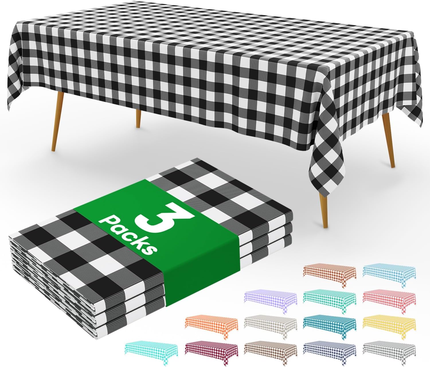 Smiry 3 Packs Gingham Disposable Table Cloth, 54 x 108 Inch Waterproof Plastic Tablecloth, Rectangle Black and White Checkered Table Covers for Picnic, Birthday, Party