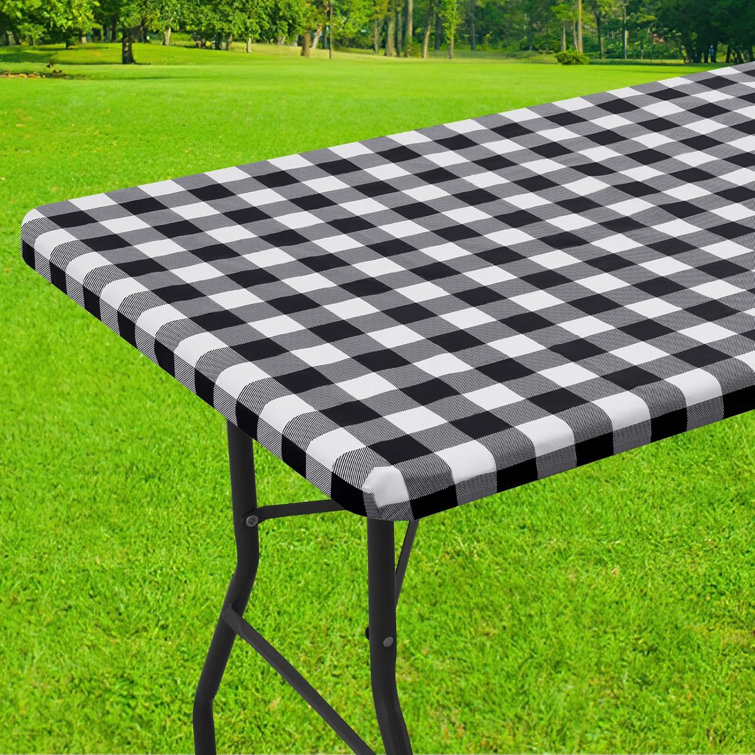 Smiry Rectangle Picnic Table Cloth, Elastic Waterproof Fitted Vinyl Tablecloths, Flannel Backed Buffalo Plaid Table Covers for Dining, Camping, Outdoor (Black and White, 30" x 72")