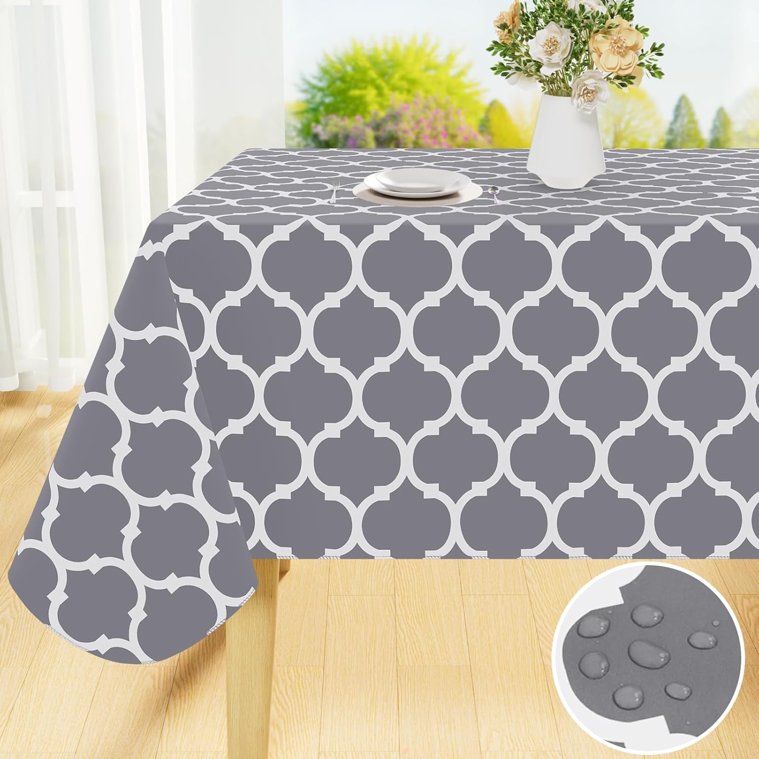 Smiry Rectangle Table Cloth, Waterproof Vinyl Tablecloths with Flannel Backing for Rectangle Tables, Wipeable Spillproof Plastic Tablecloth for Dining, Camping, Indoor and Outdoor (60"x84", Grey)