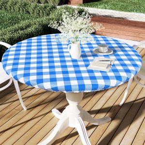 Smiry Round Picnic Tablecloth, Elastic Waterproof Fitted Vinyl Tablecloths for 36"-44" Tables, Flannel Backed Buffalo Plaid Table Cover for Dining, Camping, Outdoor, White and Blue