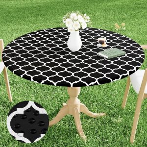 Smiry Round Picnic Tablecloth, Waterproof Elastic Fitted Table Covers for 45" - 56" Tables, Wipeable Flannel Backed Vinyl Tablecloths for Camping, Indoor, Outdoor, Black & White