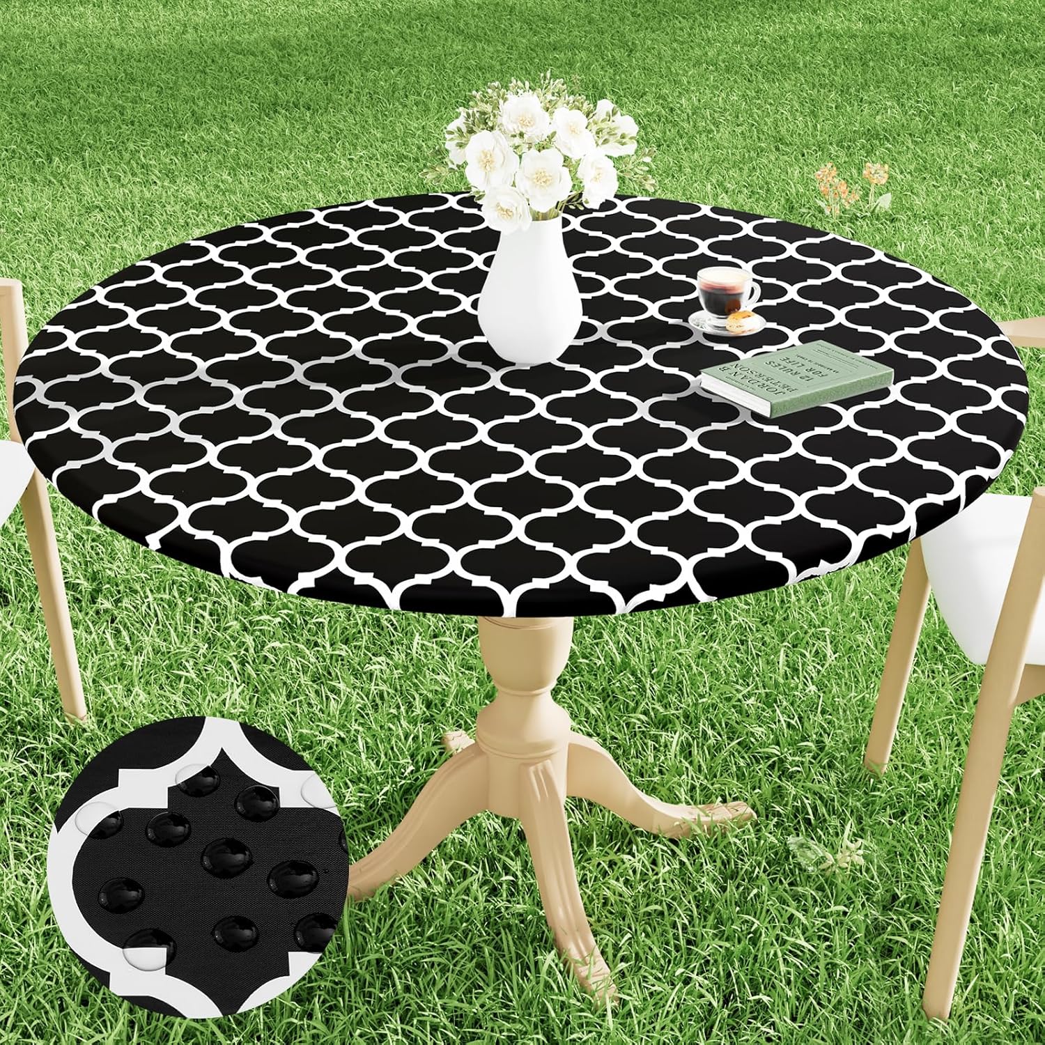 Smiry Round Picnic Tablecloth, Waterproof Elastic Fitted Table Covers for 45" - 56" Tables, Wipeable Flannel Backed Vinyl Tablecloths for Camping, Indoor, Outdoor, Black & White