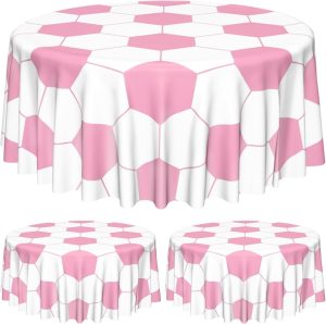 Soccer Table Cloth, 3 Pack Pink Round Soccer Pattern Party Table Covers for Girls Sports Birthday Party Decorations Picnic, 84 inch