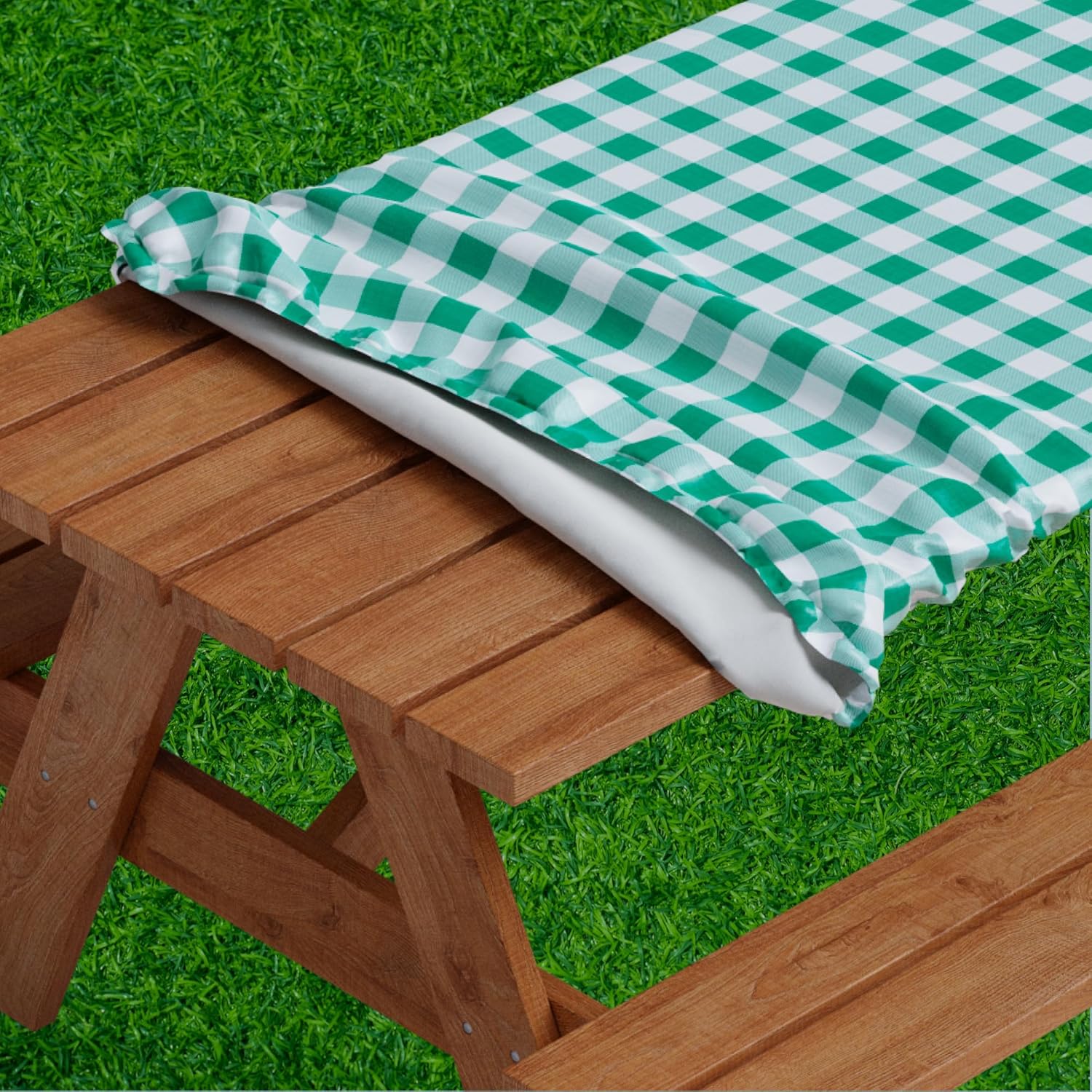 Sorfey Picnic Tablecover -Fitted with Elastic, Vinyl with Flannel Back, Fits for Table 72"x 30" Rectangle,Water Proof, Easy to Clean, Checked Green Design