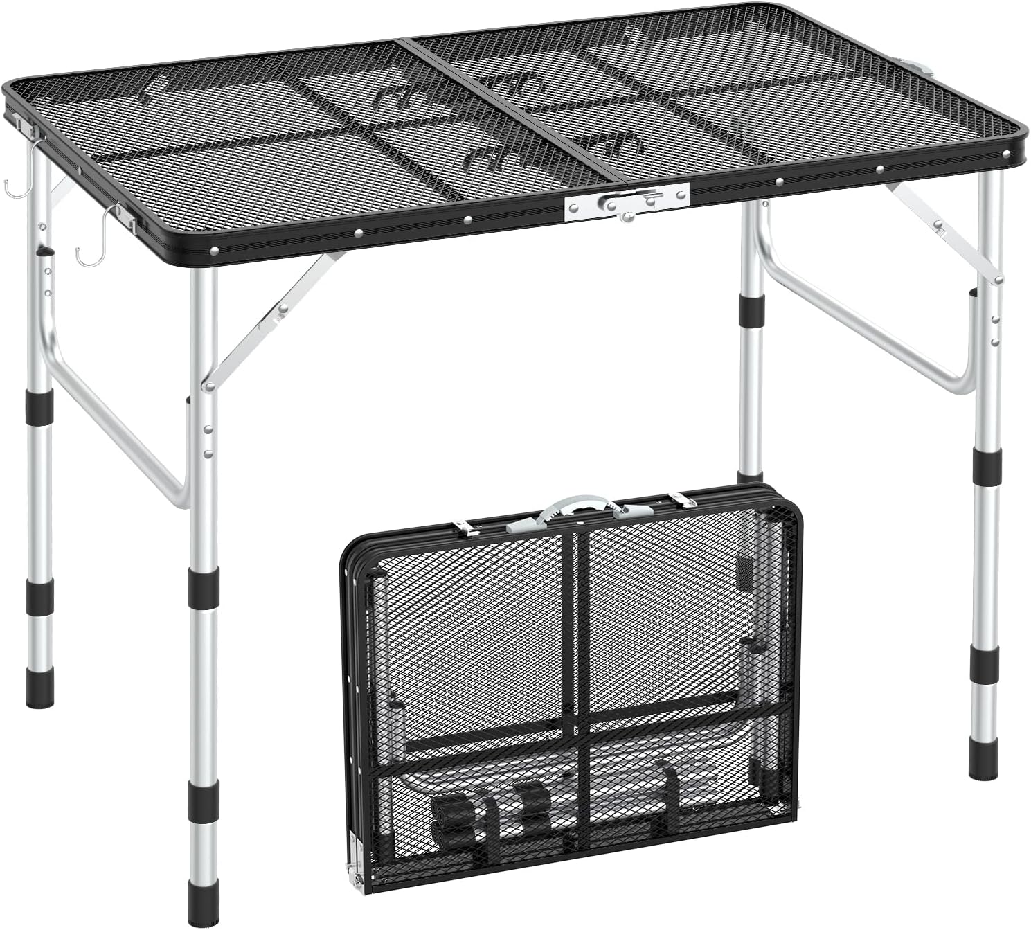 Sportneer Folding Table, 3 Heights Camping Table with 2 Hooks, Lightweight & Compact Aluminum Portable Grill Table for BBQ, RV, Picnic, Outdoor, Camping, Cooking, 35.4'' L x23.6'' W Large Size