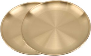 Stainless Steel Gold Plates 2 Set Round Dinner Dishes 12 Inch Metal Plates Great for Picnic,Outdoor Camping Plate,Shatterproof Dishwasher Safe
