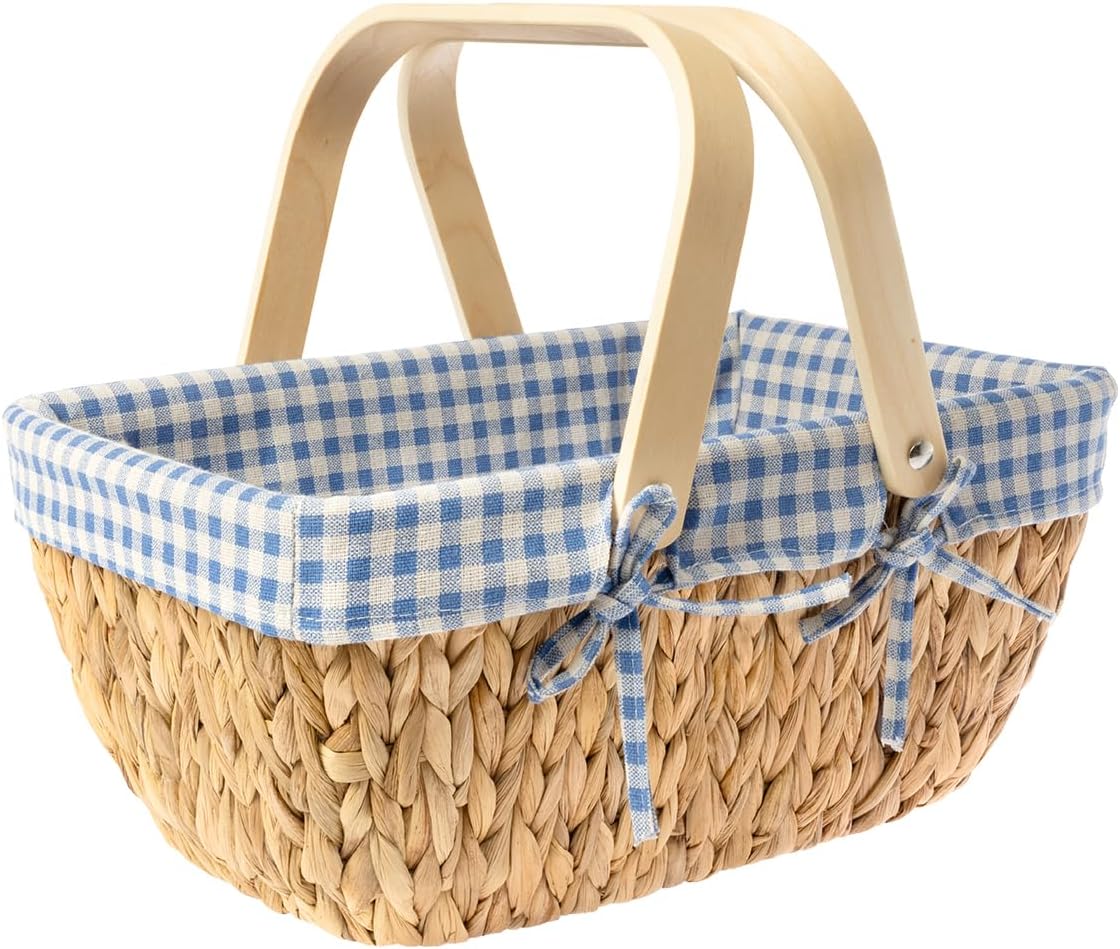 StorageWorks Wicker Basket with Washable Linner, Empty Gift Baskets with Wooden Handle, Water Hyacinth Easter Baskets for Camping, Blue and White Checkered