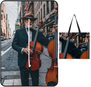 Street Singer and Double Bass Player Picnic Blanket with Zippered Tote Bag, Waterproof Portable Outdoor Blanket, Lightweight Foldable Outdoor Mat for Beach, Camping, Park, 150x100cm