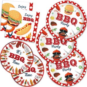 Summer BBQ Party Decorations BBQ Baby Shower Supplies Party Tableware with Plates and Napkin for 24 Guest Barbecue Picnic Disposable Dinnerwa