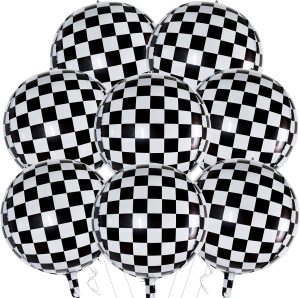 TONIFUL 8Pcs Large Checkered 4D Giant Round Foil Balloon 22inch Big Mirror Metallic Mylar Sephere Balloons for Christmas New Year Birthday Party Graduation Wedding Baby Shower Decoration Supplies