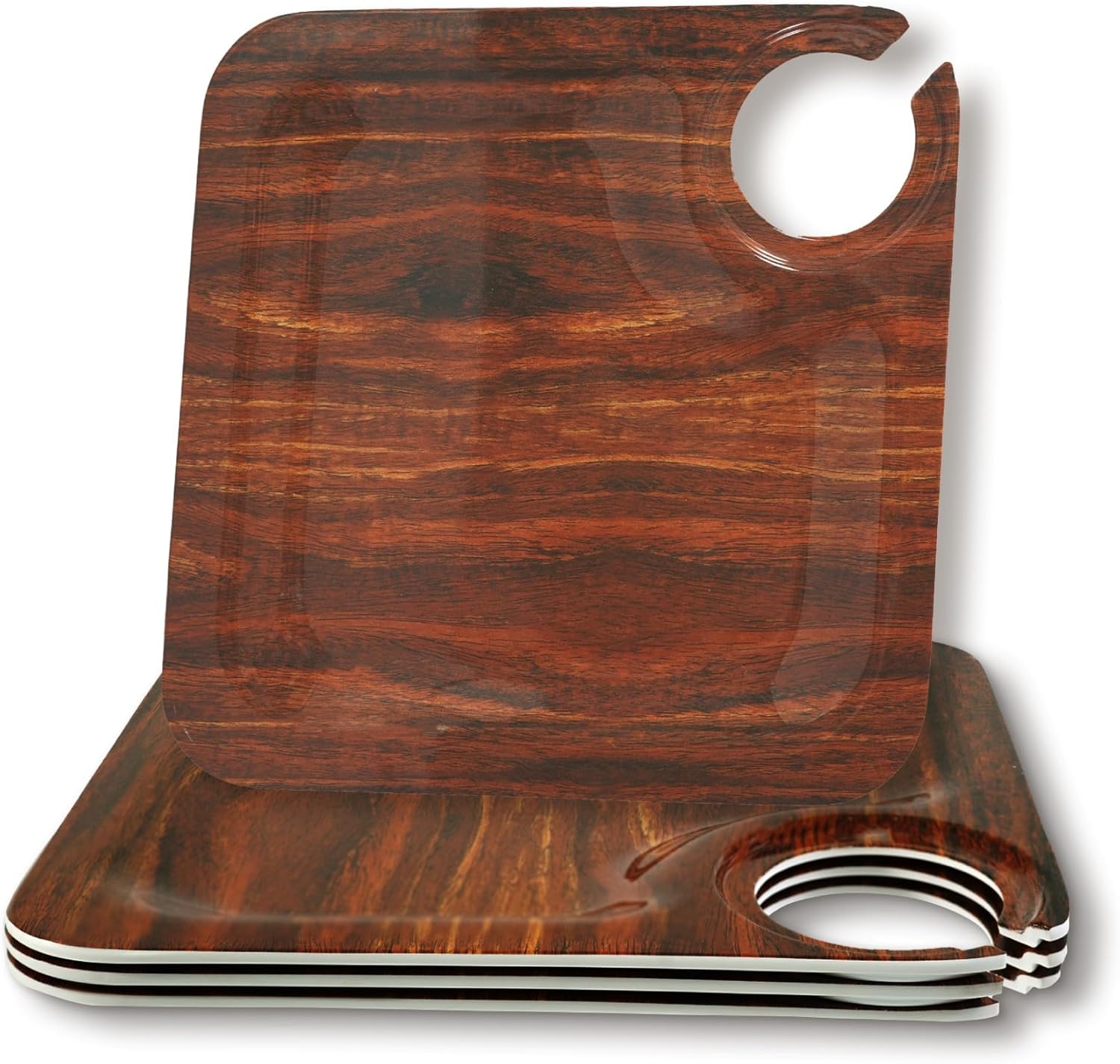 TP 6.5" Mini Cocktail Appetizer Plate, Small Wine and Cheese Board, Melamine Party Serving Plate with Glass Holder, 4-Pack, Wood Grain