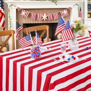Table Cloth Red and White Striped Tablecloth - 57 x 120 Inch Rectangle TableCloths Polyester Table Covers for Birthday Wedding Ceremony Banquet Picnic Party Decorations