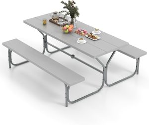 Tangkula 6 Ft Picnic Table with 2 Built-in Benches, Umbrella Hole, Metal Frame & HDPE Tabletop, 8-Person Large Table and Bench Set for Garden, Backyard, Patio (Grey)